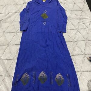 Blue Cactus M Blue Purple Scoop Art-Wear Long Linen Hand-Printed Dress Pocket